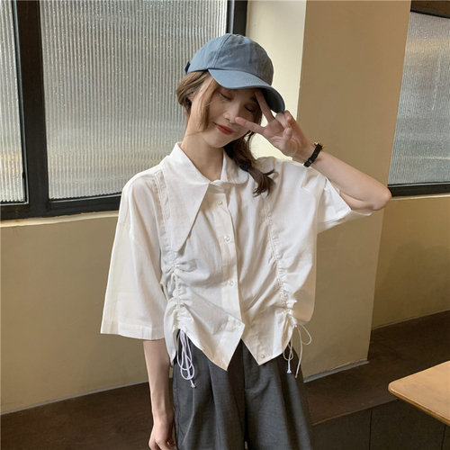 Real price! Korean Vintage loose side pleated adjustable shirt neckline small design top