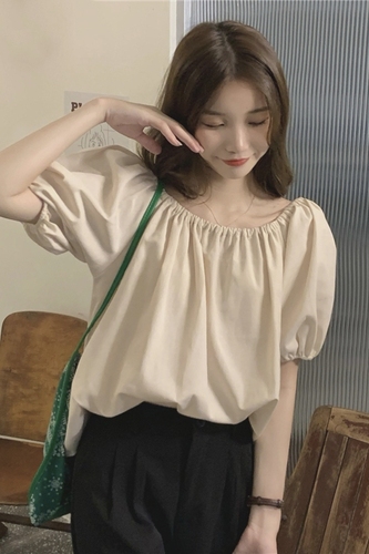 Real price! Korean off shoulder elastic one line collar top simple solid color bubble sleeve shirt