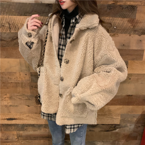 Korean version of loose and slim stand collar warm fur coat soft waxy camel hair coat