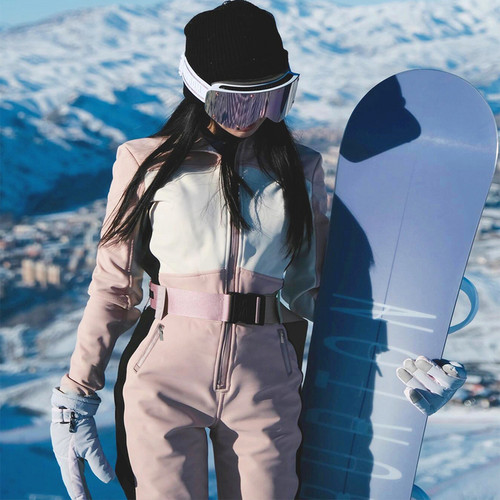 卡盛粉色超好看收腰连体滑雪服