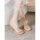 女粗跟2025夏季 新款 透明水晶高跟鞋 厚底绝美防水台凉鞋 裸色凉拖鞋