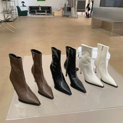 棕色高跟短靴女细跟尖头漆皮2024年新款秋冬季欧美百搭弹力瘦瘦靴