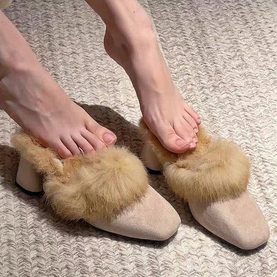 毛毛拖鞋女外穿高跟鞋包头穆勒粗跟加绒高级感秋冬2025新款棉拖鞋