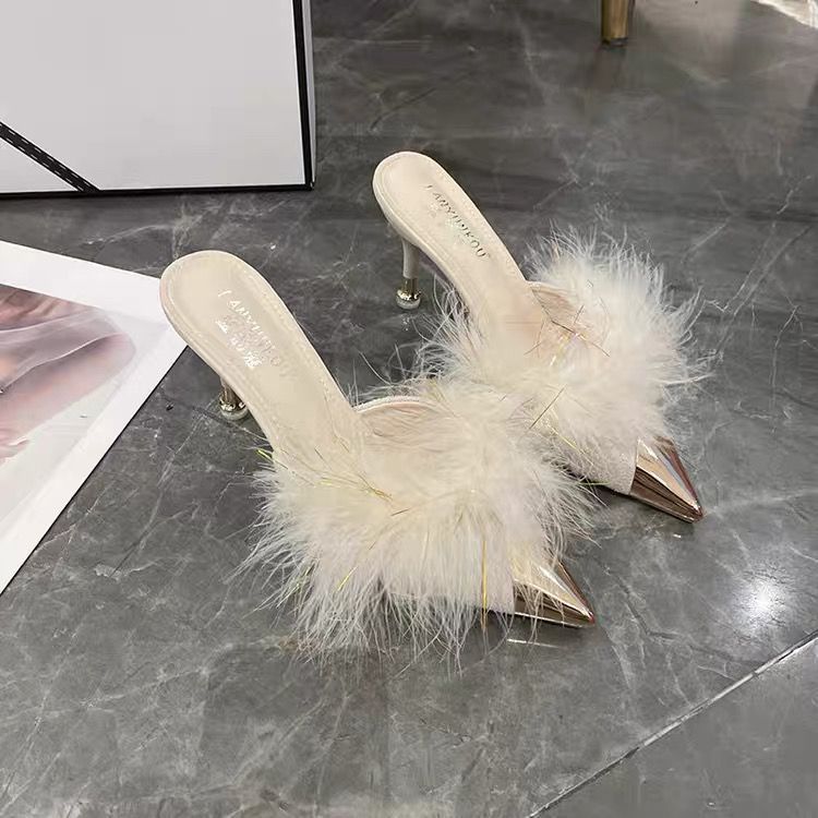 法式温柔半拖鞋高跟毛毛鞋女时尚外穿2025春秋新款百搭尖头穆勒鞋