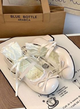 白色厚底粗跟玛丽珍女鞋2024新款夏小皮鞋蝴蝶结复古lo浅口单鞋