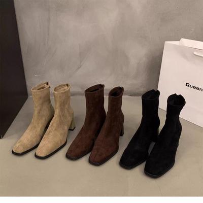 粗跟绒面韩系小踝靴女鞋2024新款秋冬季百搭加绒瘦瘦靴洋气短靴子