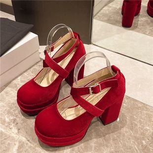 红色厚底lolita玛丽珍高跟鞋女防水台小个子缎面交叉绑带粗跟单鞋