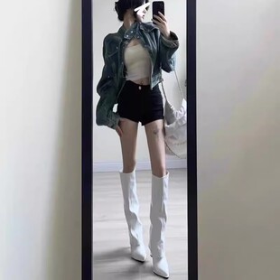 欧美风骑士漆皮长靴尖头裤管靴细跟高筒不过膝高跟长筒靴女秋冬