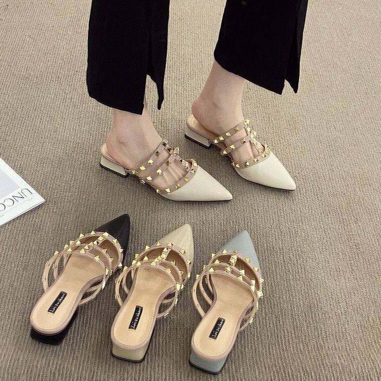 包头半拖鞋女粗跟外穿法式小香风2023年春夏尖头铆钉穆勒拖鞋中跟,女鞋,包头拖,淘宝优惠券,粉丝福利购,淘宝优惠卷