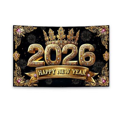 Black Gold 2026 New Year Banner Firework Balloons Glitter Pi