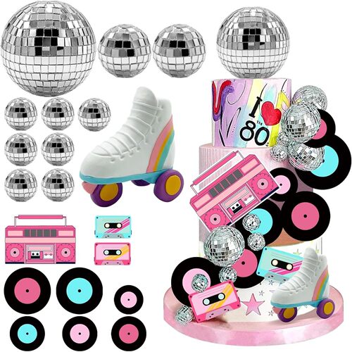 20 PCS Roller Skate Cake Topper Disco Ball Cake Toppers Retr