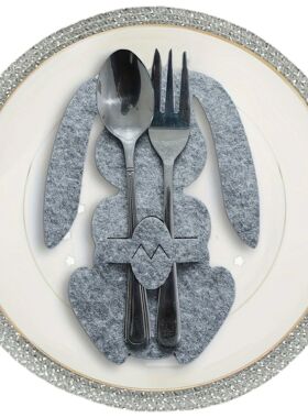 12pcs Easter Bunny Felt Cutlery Holders - Adorable Gray Rabb