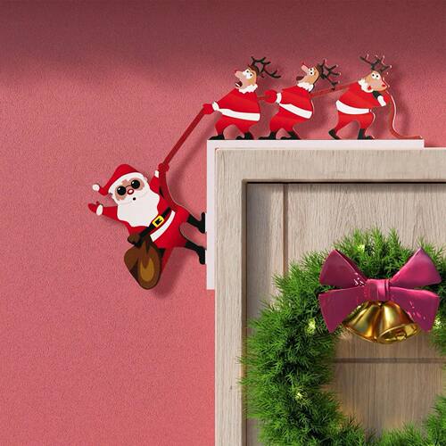 2PCS 3D Christmas Door Decor, Santa Reindeer Wood Corner Orn