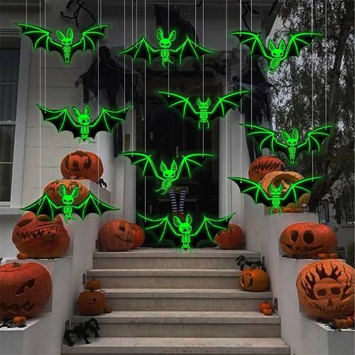 10pcs Halloween Hanging Glow-in-the-Dark Bats - 3D Glowing G