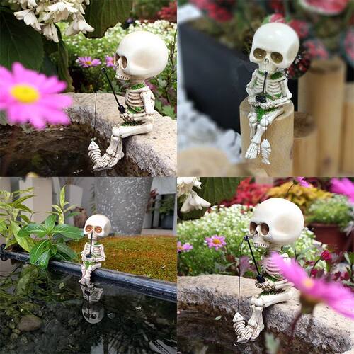 Halloween Skeleton Fishing Figurine Resin Statue Indoor Outd