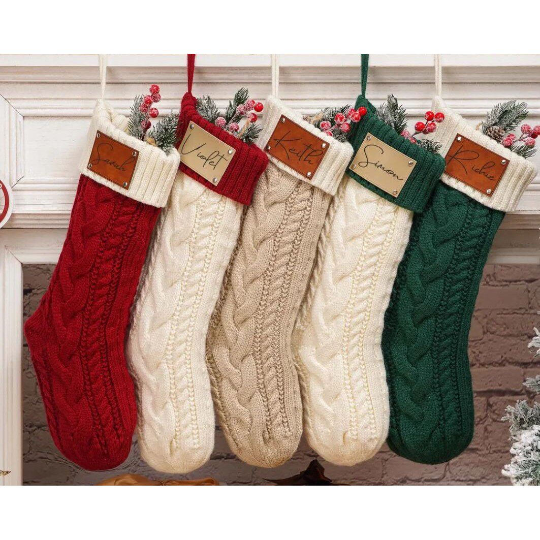 Personalised Christmas Stockings,Leather Patch Stockings,Kni