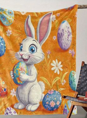 1pc Vintage Easter Bunny & Eggs Floral Print Flannel Blanket