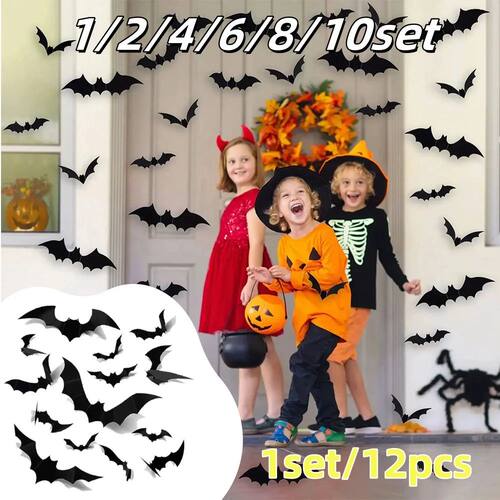 1-10set 1set/12pcs Halloween Bats Decorations 3d Bat Wall St