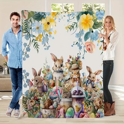1pc Easter Bunny & Floral Pastel Eggs Flannel Throw Blanket