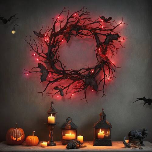 Halloween Wreath Bat Black Branch Wreaths With Red LED Light