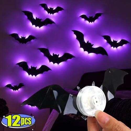 12 Set Purple LED Light Up Bat Wall Stickers 3D Halloween De