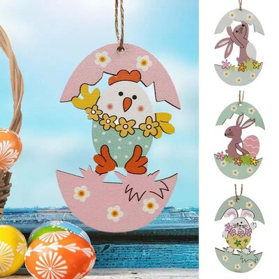 1PCS Easter Rabbit Bunny Bird Wooden Pendant Easter Decorati