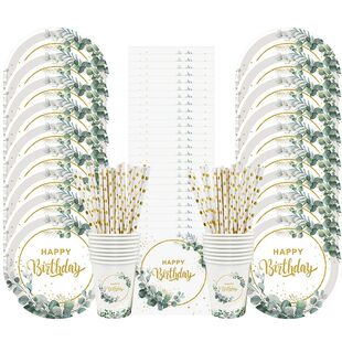 Happy Eucalyptus set Pap Disposable Tableware Birthday 85Pcs