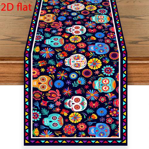 Mexican Day of The Dead Table Runner Colorful Sugar Skull Fl