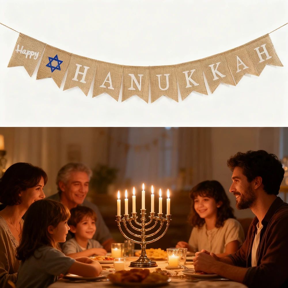Happy Hanukkah Banner Hanukkah Bunting Decor Garland Burlap