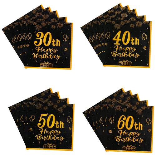 20pc Happy Birthday Disposable Napk 30 40 50 60th Retro Blac
