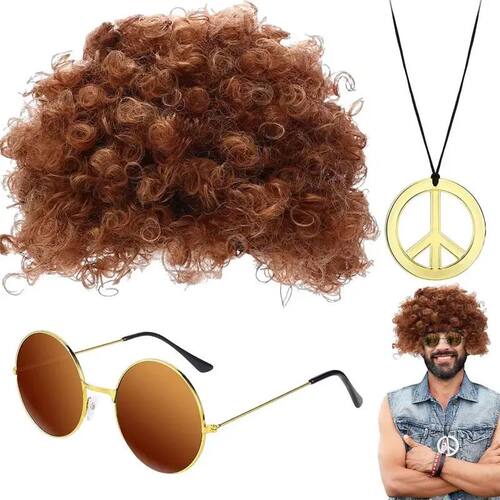 Disco Wig Set Hippie Hair Accessories for Men Includes Afro