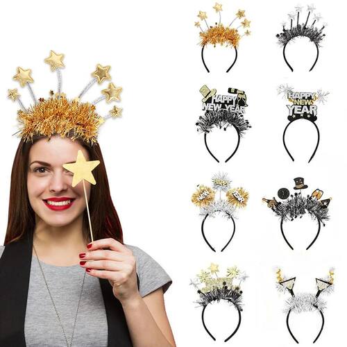 2026 New Year Party Headband Happy New Year Black Gold Rainb