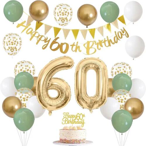 Sage Green Gold White 60th Birthday Decorations for Birthday