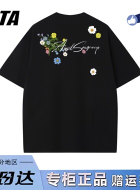 STA旗舰店美式花卉印花短袖男女夏季新款潮牌高街纯棉黑色情侣t恤