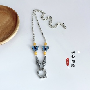 S925纯银珐琅低温烧蓝复古原创设计毛衣链女生礼物天然南红项链