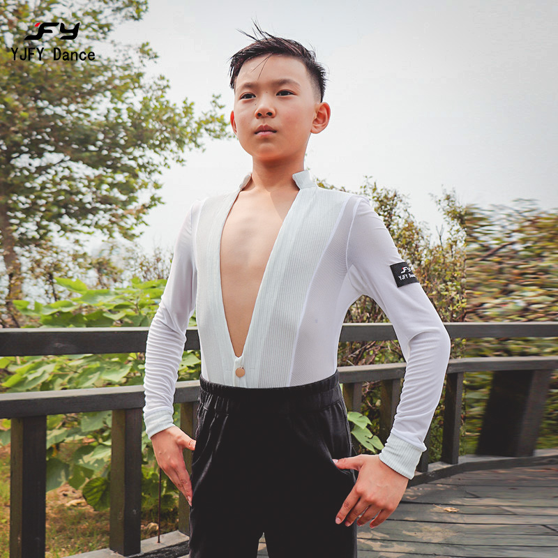 又见梵羽拉丁服男 儿童连体上衣 大v领练功服拉丁国标连体服BY349