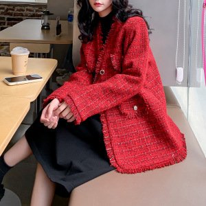 冬季新款大码胖mm200斤宽松小香风红色中长款毛边粗花毛呢外套女