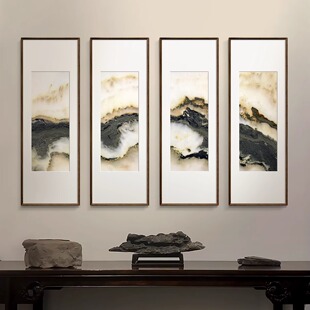 化境天然大理石新中式 沙发背景客厅玄关茶室竖版 组合装 饰画 宋式