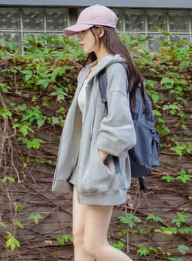 赵露思明星同款灰色连帽拉链卫衣女2025秋季超火韩版宽松开衫上衣