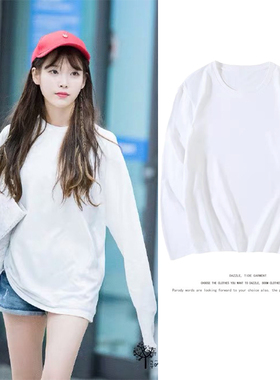IU李智恩明星同款2026新款白色长袖t恤女ins潮宽松纯棉春秋打底衫