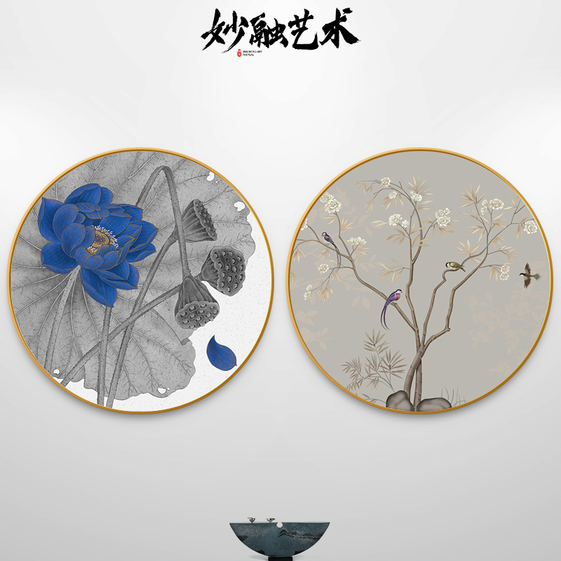 荷花花鸟画新中式圆形装饰画入户玄关挂画餐厅走廊过道壁画中国风图片