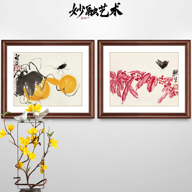 齐白石花卉昆虫国画新中式餐厅装饰画饭店背景墙挂画酒店走廊壁画图片
