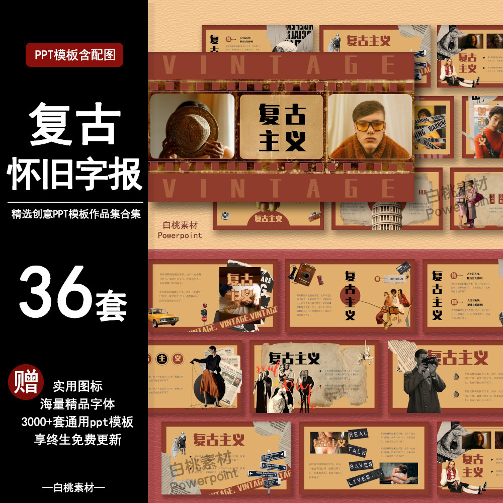 精选复古怀旧字报ppt模板潮流文艺民国商务汇报答辩总结素材推荐