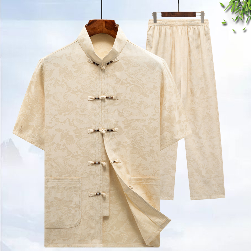 唐装男中老年爸爸装夏装男士老年人衣服爷爷装中国风提花短袖套装