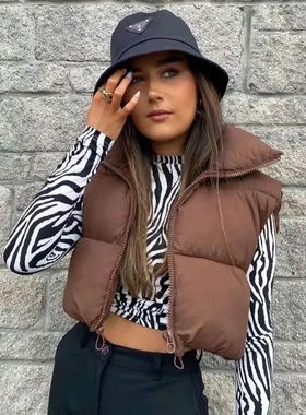 欧美短款无袖棉服棉衣马甲女 crop winter jacket vest waistcoat