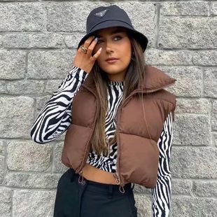 欧美短款无袖棉服棉衣马甲女 crop winter jacket vest waistcoat