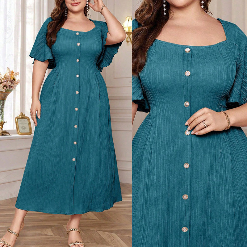 2026 Plus size Women Fashion dress大码连衣裙方领高腰荷叶长裙