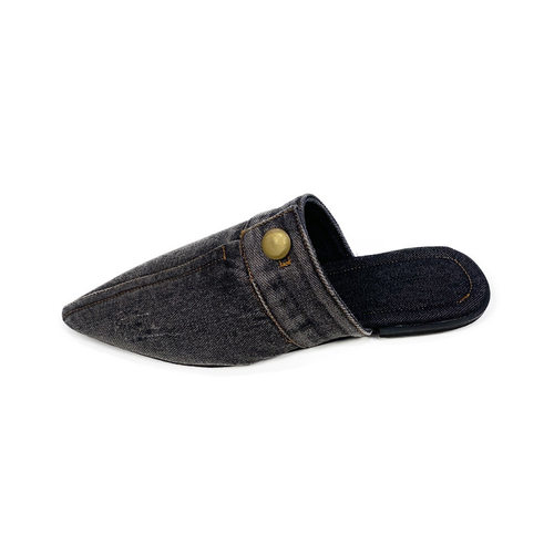 平底女半拖鞋尖头牛仔布拖鞋women Flat slippers denim sandals