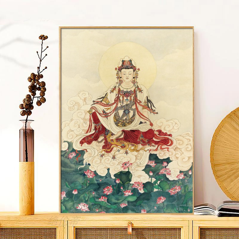 水月观音南海菩萨装饰画禅意中式唐卡玄关佛像壁画佛堂背景墙挂画
