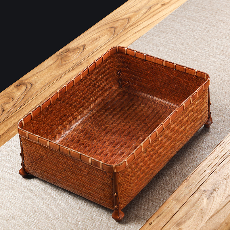 中式手工竹编大号收纳筐 家用桌面整理盒 大漆竹盒竹筐储物竹篮子